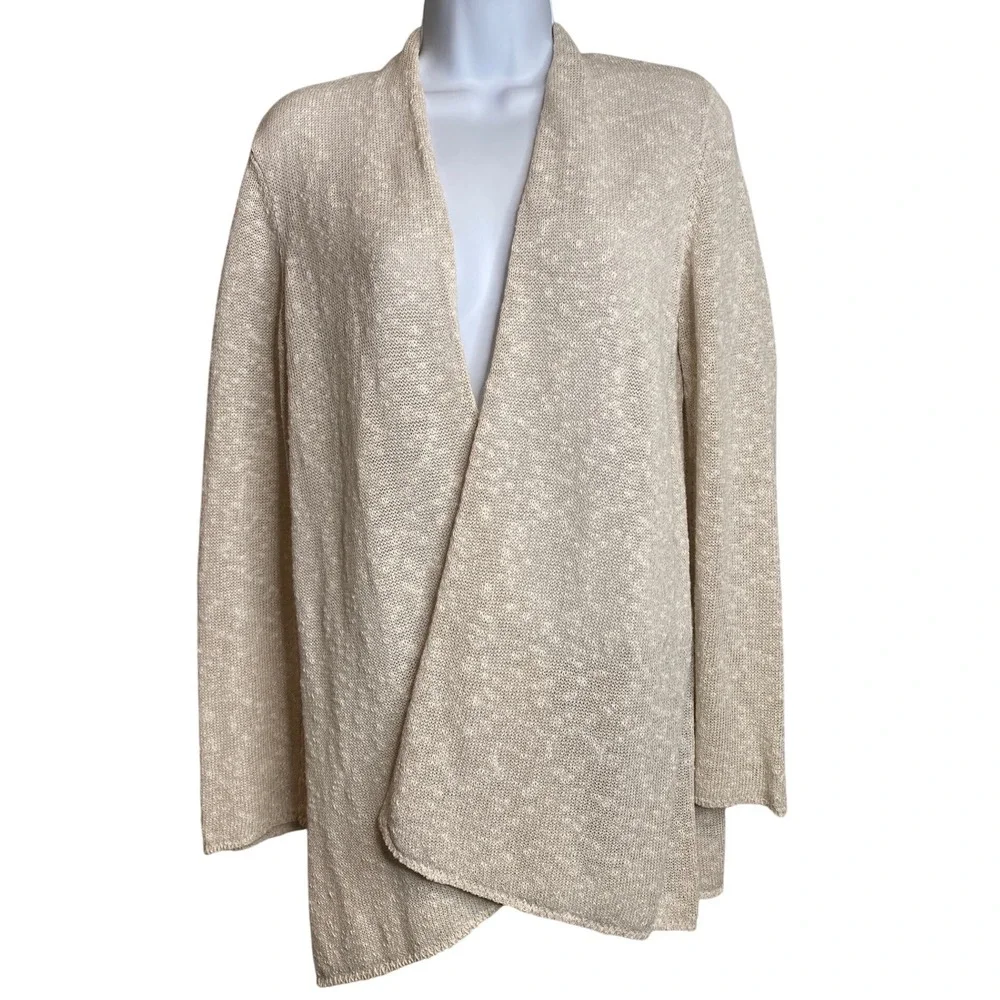 EILEEN FISHER Womens Open Front Cardigan Sz MP Beige Linen Coastal Effortless‎